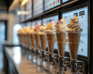 Sticker - A row of soft-serve ice cream cones in waffle cones, with toppings, displayed on a counter in a shop.