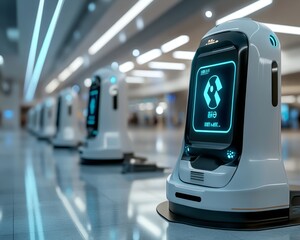 A row of white robots with digital screens standing in a modern, futuristic hallway.