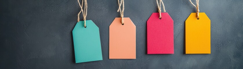 Colorful paper tags with strings on a dark background, minimalistic design.