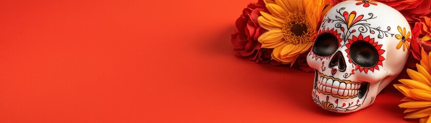 Colorful skull with flowers, vibrant background, celebration of Dia de los Muertos.