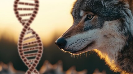 Wolf profile with DNA helix in the background during golden hour.