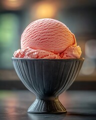 Sticker - A single scoop of pink ice cream in a black bowl on a wooden table.