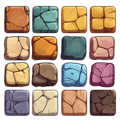 Wall Mural - Colorful Stone Tiles: A Playful Set of Square Textures on white and transparent background. PNG