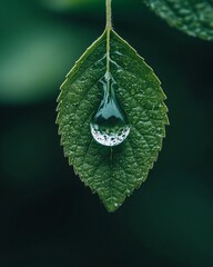 Poster - A single water drop rests on a green leaf.