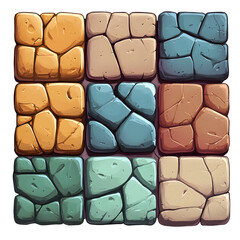 Wall Mural - Colorful Stone Tiles: A Playful Set of Square Textures on white and transparent background. PNG