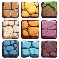 Wall Mural - Colorful Stone Tiles: A Playful Set of Square Textures on white and transparent background. PNG