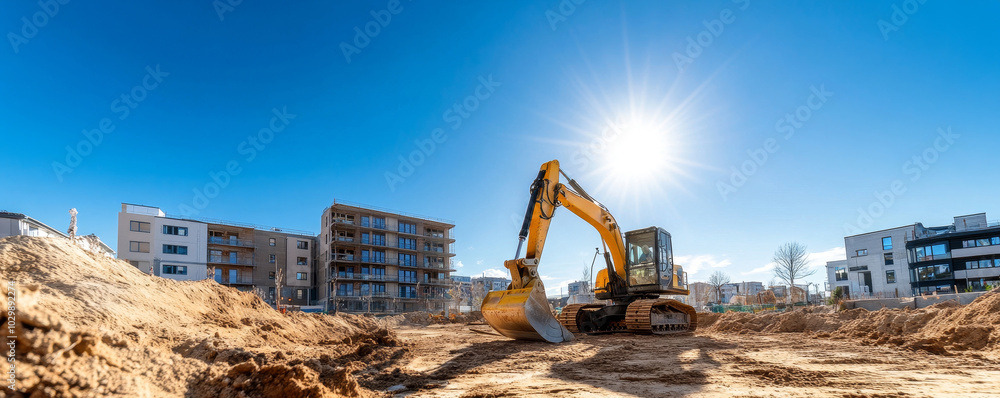 Excavator at Construction Site with Blue Sky Stock Photo | Adobe Stock
