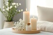 © HadK - Serene Atmosphere of Tranquility: Personifying Holistic Sleep in a Calm Bedroom with Aromatherapy Candles and Soft Pillows