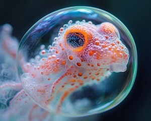 Sticker - A small orange and white creature with a large eye is trapped inside a soap bubble.