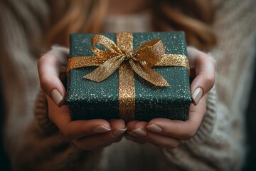 close-up of womans hands with beige manicured nails holding a green present with a golden ribbon