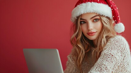 side view of a beautiful young woman wearing a red santa hat working on her laptop