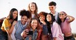 © Nina2024/peopleimages.com - Group, selfie and gen z outdoor for social media, internet and photography with cool trendy people. Friends, memory and smile for live streaming, profile picture and diversity with website and happy
