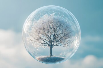 Sticker - A snow-covered tree encased in a transparent sphere against a blue sky.