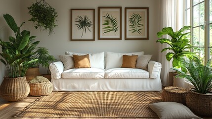 The minimalist living room design features a white sofa paired with natural elements for a calming effect.