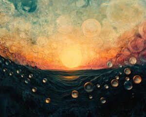 Sticker - A surreal sunset over a dark, undulating landscape with floating orbs.