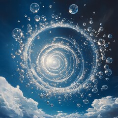 Canvas Print - A swirling vortex of bubbles and light against a blue sky with clouds.