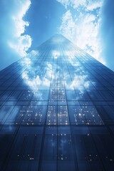 A tall glass skyscraper with a cloudy sky reflecting in the windows.