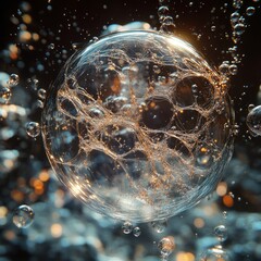 A transparent sphere filled with intricate web-like patterns, surrounded by shimmering water droplets and a dark background.