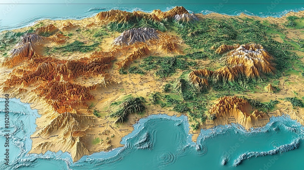 A detailed physical map of Spain and Portugal shows the geography and ...