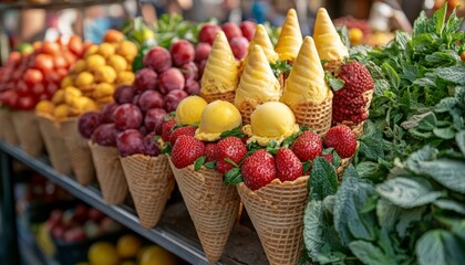 Wall Mural - A variety of fresh fruits displayed in waffle cones on a market stall.