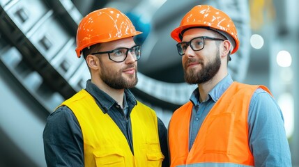 two men in safety gear discuss work in an industrial setting, wearing orange helmets and yellow vest