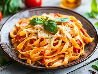 A plate of fresh tagliatelle pasta with tomato sauce, topped with Parmesan cheese and basil leaves.