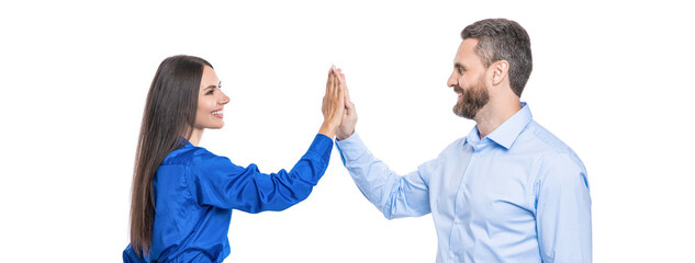 business deal. two businesspeople give high five after contract deal. successful agreement in business deal. businesspeople dealing isolated on white. partnership concept