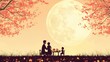 © 69 - Cute family enjoying a Lunar New Year feast under a glowing full moon, background with space for messages