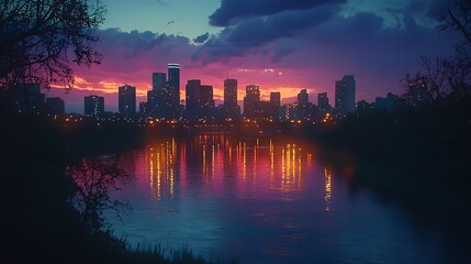 Dusk City Skyline with Glowing Lights and Reflection