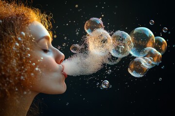 A woman with red curly hair blows a stream of soap bubbles, creating a magical and whimsical scene.