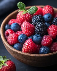 Wall Mural - A wooden bowl filled with fresh strawberries, blueberries, raspberries, and blackberries.