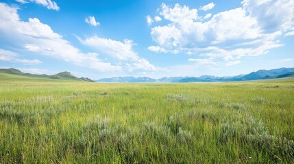 A serene landscape featuring vast green grasslands under a bright blue sky with fluffy clouds and distant mountains.