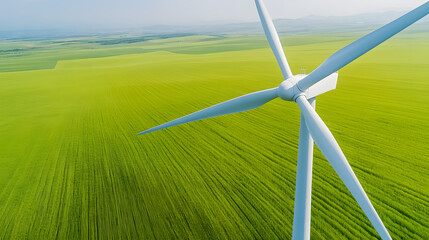 Wind turbines in a vibrant green field with the shift toward renewable energy. Focuses on wind power as a clean, sustainable solution, helping to combat climate change and reduce carbon footprints.