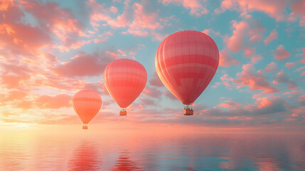  Three Hot Air Balloons Floating Over a Calm Ocean at Sunset - Illustration