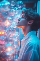 A young man looks up at a wall of glowing orbs in a futuristic setting.