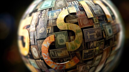 A gold dollar sign made of different currency bills forming a sphere.