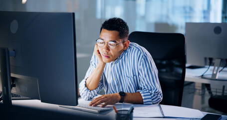 Poster - Burnout, computer and deadline with business man in office at night for overtime administration. Exhausted, fatigue and sleeping with tired employee at desk in workplace for late evening report