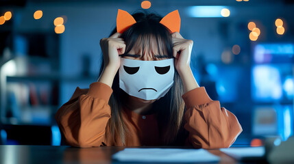 Stressed woman with a mask, holding her head in frustration, blurred background.