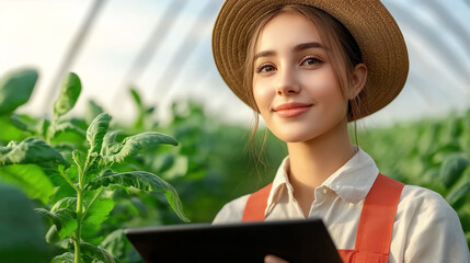 Young woman in a greenhouse, smiling, holding a tablet, surrounded by plants.