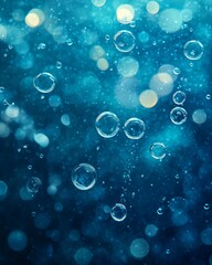 Poster - Abstract background with bubbles and bokeh lights on a blue background.