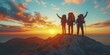 © Lina - A group of hikers stands on a mountain top against a sunset sky, celebrating their achievement on a sunny day.