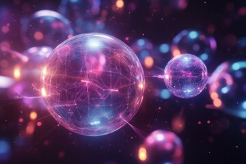 Abstract glowing spheres with connected lines and bokeh effect on dark background.