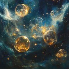 Canvas Print - Abstract space scene with glowing orbs and nebula.