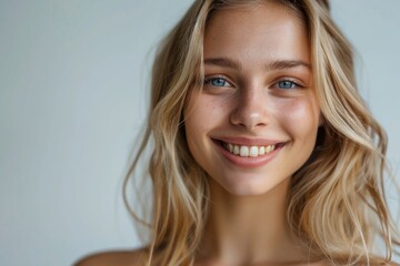 young blonde Caucasian woman, beaming with happiness, wearing bikini and standing against a bright, lively background.