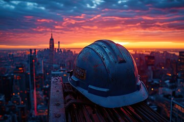 A hard hat rests against a sunset cityscape, symbolizing construction and progress.