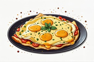 Delicious crepe with sunny side up eggs and fresh tomatoes on black plate