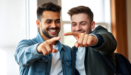 Two men friends hug and point finger towards buddy, rejoicing at long-awaited meeting. Boys brothers or friends smile looking at screen and experience positive emotions from opportunity to communicate