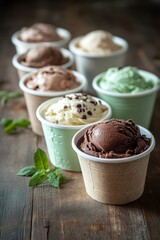 Sticker - Assortment of ice cream scoops in paper cups on a wooden background.