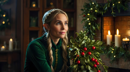 Festive Christmas Elf Woman in Holiday-Themed Outfit With Decorations And Standing Under Mistletoe 