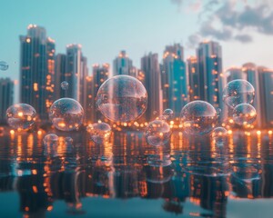 Canvas Print - Cityscape with glowing spheres reflecting on water.